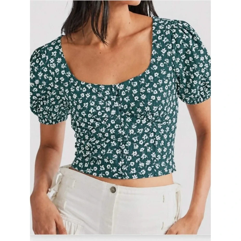 Free People Daisy Chain Top Forest Green Floral Puff Sleeve Square Neck XS